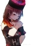  1girl absurdres asuku_(69-1-31) collar hand_on_own_shoulder hecatia_lapislazuli highres light_blush looking_at_viewer medium_hair off-shoulder_shirt orb polos_crown print_shirt red_eyes redhead shirt smile solo t-shirt touhou 