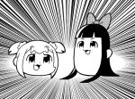  2girls :3 bangs bkub blunt_bangs bow emphasis_lines eyebrows_visible_through_hair greyscale hair_bow hair_ornament hair_scrunchie long_hair lowres monochrome multiple_girls pipimi poptepipic popuko scrunchie short_hair short_twintails sidelocks simple_background smile twintails two_side_up white_background yukkuri_shiteitte_ne 