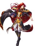  1boy belt black_cape black_coat black_footwear book boots cape coat evil_smile facial_mark fire_emblem fire_emblem:_seisen_no_keifu fire_emblem_heroes forehead_mark highres holding holding_book holding_cape long_coat long_hair long_sleeves looking_to_the_side official_art pants pointing pointing_at_viewer red_eyes redhead shoulder_pads sidelocks smile white_pants yurius_(fire_emblem) 
