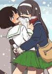  2girls bag bangs black_hair blush brown_bag chikiso clipboard closed_eyes commentary_request girls_und_panzer green_skirt holding holding_clipboard hug long_hair long_sleeves looking_at_another multiple_girls one_leg_raised ooarai_school_uniform open_mouth pleated_skirt reizei_mako short_hair shoulder_bag skirt snowing sono_midoriko sweat yuri 