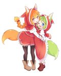  2girls ;d animal_ears black_legwear blue_eyes boots braid capelet commentary done_(donezumi) dress ears_through_headwear fang fox_ears fox_tail frilled_dress frills full_body green_eyes hair_ornament hairclip hood hooded_capelet hug juliet_sleeves long_hair long_sleeves looking_at_viewer multiple_girls one_eye_closed open_mouth original puffy_sleeves red_capelet red_dress red_eyes red_hood short_hair simple_background smile tail tiptoes white_background 