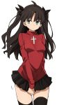  black_hair black_legwear black_skirt blue_eyes blush fate/stay_night fate_(series) hair_ribbon long_hair long_legs murakami_meishi pleated_skirt ribbon skirt solo sweatdrop sweater thigh-highs tohsaka_rin turtleneck two_side_up zettai_ryouiki 