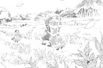  3girls absurdres animal_ears bat coffin commentary_request flower forest glasses greyscale hat highres hitsugi_katsugi_no_kuro kiyuzuki_satoko kuro_(hitsugi_katsugi_no_kuro) monochrome multiple_girls nature nijuku sanju sen_(hitsugi_katsugi_no_kuro) tail 