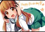  1girl :d arms_up bangs bent_over black_neckwear blush breasts brown_eyes brown_hair commentary_request eyebrows_visible_through_hair girls_und_panzer green_skirt hands_on_headphones happy_birthday head_tilt headphones letterboxed long_hair looking_at_viewer makuran medium_breasts neckerchief ooarai_school_uniform open_mouth pleated_skirt sailor_collar school_uniform serafuku shirt skirt smile solo takebe_saori very_long_hair white_background white_sailor_collar white_shirt 