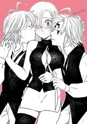  1girl 2boys antenna_hair blush breasts buttons cleavage closed_eyes couple dark_persona elizabeth_liones greyscale hair_over_one_eye harumiya highres imminent_kiss medium_breasts meliodas monochrome multiple_boys nanatsu_no_taizai nose_blush one_eye_closed pink_background shirt single_thighhigh skirt smile standing thigh-highs twitter_username 