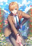  1boy aqua_neckwear blonde_hair blue_sky bouquet clouds copyright_name corsage day flower formal gate green_eyes grey_pants hair_between_eyes hand_holding hedge_(plant) holding holding_bouquet interitio leaning_forward official_art open_mouth outdoors pants petals rose shirt short_hair sid_story sky solo standing suit sweatdrop watermark white_shirt wristband 