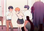  2018 3boys artist_request belt black_hair black_skirt blurry blush bra brown_vest collarbone covering_face curtains danshi_koukousei_no_nichijou dated depth_of_field desk dressing emiya_shirou eyebrows_visible_through_hair fate/stay_night fate_(series) glasses hair_ribbon holding holding_panties indoors kneehighs leaning_forward long_hair male_focus matou_sakura matou_shinji multiple_boys navel orange_eyes orange_hair panties pants parody parted_lips pink_ribbon pleated_skirt puffy_sleeves ribbon ryuudou_issei shirt short_sleeves signature skirt underwear vest white_legwear white_shirt window 