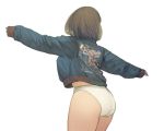  1girl ass back blue_jacket clothes_writing cowboy_shot english facing_away from_behind jacket long_sleeves no_pants original outstretched_arms panties short_hair simple_background skindentation solo spread_arms standing thomas_hewitt underwear white_background white_panties 