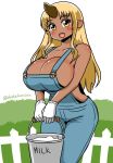  :d alternate_costume blonde_hair blush breasts bucket cleavage commentary_request dark-skin fang fence grass holding horn huge_breasts long_hair looking_at_viewer milk monster_musume_no_iru_nichijou naked_overalls oni oni_horn open_mouth outdoors overalls shake-o smile standing tionishia twitter_username yellow_eyes 