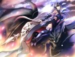  1girl armor armored_boots armored_dress banner blue_dress boots breasts clouds dragon dress fate/grand_order fate_(series) floating_hair green_eyes holding holding_weapon jeanne_d&#039;arc_(alter)_(fate) jeanne_d&#039;arc_(fate)_(all) kata4859 long_hair looking_at_viewer medium_breasts navel navel_cutout outdoors parted_lips riding silver_hair sleeveless sleeveless_dress smile solo thigh-highs thigh_boots very_long_hair weapon 