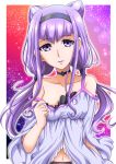  1girl bangs belt black_hairband blunt_bangs breasts choker collarbone eyebrows_visible_through_hair floating_hair hairband hanzou highres hugtto!_precure long_hair looking_at_viewer midriff navel off_shoulder open_mouth precure purple_hair ruru_amour shirt small_breasts smile solo stomach twintails upper_body violet_eyes white_shirt 