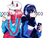  2girls absurdres aqua_eyes baseball_cap blue_hair candy casual cellphone commentary_request darling_in_the_franxx eyebrows_visible_through_hair fang food green_eyes hair_between_eyes hair_ornament hairclip hat headphones highres holding holding_cellphone holding_food holding_phone hood hood_down hoodie horns ichigo_(darling_in_the_franxx) lollipop looking_at_viewer multiple_girls open_mouth phone pink_hair red_horns smartphone smile yoshi2_oide zero_two_(darling_in_the_franxx) 