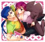  1boy 1girl bandage bangs bazett_fraga_mcremitz black_pants blue_hair bottle breasts brown_eyes cleavage closed_mouth collarbone earrings eye_contact fate/hollow_ataraxia fate_(series) formal full_body hawaiian_shirt jewelry lancer long_hair looking_at_another medium_breasts misoiri_(gokutsubushi) one_eye_closed open_mouth pant_suit pants parted_bangs ponytail purple_hair shirt short_hair suit violet_eyes 