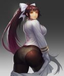  1girl ass azur_lane bangs black_hair black_legwear blush bow breasts brown_eyes cowboy_shot dated from_behind gloves gradient gradient_background hair_bow large_breasts long_hair long_sleeves looking_at_viewer looking_back military military_uniform panties panties_under_pantyhose pantyhose parted_lips ponytail shiny sidelocks signature simple_background skirt skirt_tug solo stephen takao_(azur_lane) thighband_pantyhose twisted_torso underwear undressing uniform very_long_hair white_bow white_panties 
