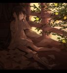  1girl bare_arms barefoot branch brown_hair closed_mouth doremi hands_up indoors light_rays long_hair naked_shirt off_shoulder orange_eyes original shirt short_sleeves sitting solo tissue tissue_box 