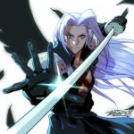  1boy black_gloves black_wings blurry depth_of_field fighting_stance final_fantasy final_fantasy_vii gloves green_eyes highres long_hair long_sword male_focus robert_porter sephiroth shiny shoulder_armor signature silver_hair single_wing solo sword upper_body weapon wings 