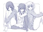  3girls :d bags_under_eyes barefoot blush chestnut_mouth elbow_on_knee from_side girl_sandwich greyscale hands_on_own_knee kuroki_tomoko leg_hug long_hair long_skirt looking_to_the_side low_twintails monochrome multiple_girls nemoto_hina no_shoes open_mouth pantyhose pleated_skirt sandwiched school_uniform skirt smile sweatdrop tamezou tamura_yuri twintails two_side_up upskirt watashi_ga_motenai_no_wa_dou_kangaetemo_omaera_ga_warui! 