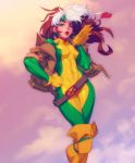  1girl belt blown_kiss bodysuit breasts brown_hair covered_navel freckles gloves green_eyes hand_on_hip highres jacket lipstick long_hair makeup marvel medium_breasts multicolored_hair one_eye_closed red_lipstick robert_porter rogue_(x-men) signature solo two-tone_hair white_hair x-men yellow_gloves 