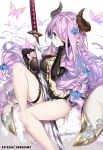  1girl barefoot between_breasts black_gloves blue_eyes blush braid breasts bug butterfly draph elbow_gloves fingerless_gloves gloves granblue_fantasy hair_ornament hair_over_one_eye hand_on_own_cheek hong_(white_spider) horns insect katana large_breasts lavender_hair long_hair looking_at_viewer narmaya_(granblue_fantasy) pointy_ears simple_background single_braid single_fingerless_glove sitting solo sword thigh_strap weapon white_background 