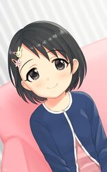  1girl bangs black_eyes black_hair blue_sweater blush bunny_hair_ornament couch dress ears eyebrows_visible_through_hair flower hair_flower hair_ornament hairclip highres idolmaster idolmaster_cinderella_girls indoors pink_dress sasaki_chie short_hair sitting smile solo sweater wgm_oekaki 