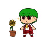  1boy child flower genderswap green_hair kazami_yuuka looking_down open_mouth pants plaid plaid_pants plaid_vest red_eyes short_hair solo sunflower toddler touhou vest white_background 
