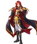  1boy belt black_cape black_coat black_footwear boots cape coat evil_smile facial_mark fire_emblem fire_emblem:_seisen_no_keifu fire_emblem_heroes forehead_mark highres holding_cape long_coat long_hair long_sleeves official_art pants pointing pointing_at_viewer red_eyes redhead shoulder_pads sidelocks smile white_pants yurius_(fire_emblem) 