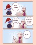  2girls blue_hair blush brown_eyes comic doremy_sweet english eyebrows_visible_through_hair hat highres kishin_sagume long_sleeves looking_at_another looking_away multiple_girls parted_lips red_hat short_hair short_sleeves smile speech_bubble touhou white_hair yoruny 