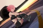  1girl absurdres aircraft airplane ass black_legwear black_skirt board_game commentary_request fate/grand_order fate_(series) fujimaru_ritsuka_(female) go highres panties pink_hair shoes short_hair sitting skirt sky solo sun thigh-highs underwear violet_eyes xufeeg 