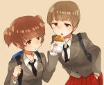  2girls alisa_(girls_und_panzer) arm_behind_back bag bangs blazer bookbag brown_background brown_eyes brown_hair dress_shirt eyebrows_visible_through_hair food freckles girls_und_panzer grey_jacket hair_ornament hand_in_pocket highres holding holding_food jacket koretsuna leaning_forward long_sleeves looking_at_another looking_back loose_necktie miniskirt multiple_girls naomi_(girls_und_panzer) necktie offering open_mouth parted_lips pleated_skirt red_skirt school_uniform shirt short_hair short_twintails simple_background skirt standing star star_hair_ornament twintails very_short_hair white_shirt wing_collar 