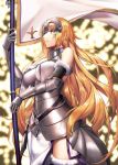  1girl absurdres armor armored_dress blonde_hair blue_eyes breasts chains collar commentary eyebrows_visible_through_hair fate/apocrypha fate/grand_order fate_(series) faulds flag fur_trim gauntlets headpiece highres holding holding_flag jeanne_d&#039;arc_(fate) jeanne_d&#039;arc_(fate)_(all) large_breasts long_hair plackart standard_bearer thigh-highs thighs very_long_hair yagitome87 
