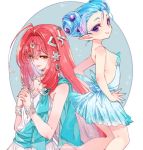  2girls blue_hair blush dress hair_ornament humanization jewelry long_hair looking_at_viewer mipha multiple_girls pointy_ears princess_ruto redhead shuri_(84k) smile the_legend_of_zelda the_legend_of_zelda:_breath_of_the_wild the_legend_of_zelda:_ocarina_of_time violet_eyes yellow_eyes 