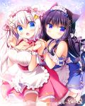  2girls :&lt; :o animal_ears apron bangs bare_shoulders bear_ears black_hair black_legwear blue_bow blue_dress blue_eyes blush bow braid breasts cat_ears cat_girl cat_tail cleavage closed_mouth collarbone commentary_request detached_collar dress eyebrows_visible_through_hair fingernails flower frilled_apron frills garter_straps hair_between_eyes hair_bow hair_flower hair_ornament hair_ribbon hands_on_another&#039;s_shoulder hands_up head_tilt heart large_breasts long_hair looking_at_viewer maid maid_headdress multiple_girls open_mouth original pink_dress pink_flower pleated_dress red_neckwear red_ribbon ribbon sasai_saji side_ponytail sidelocks silver_hair tail thigh-highs very_long_hair violet_eyes waist_apron white_apron white_bow white_legwear x_hair_ornament 