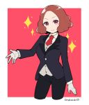  1girl blush brown_eyes brown_hair commentary_request do_m_kaeru gloves necktie okumura_haru persona persona_5 short_hair smile solo sparkle tuxedo twitter_username vest 