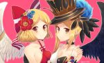  2girls black_choker black_feathers black_hat bow choker copyright_request feathers flower hair_flower hair_ornament hat looking_at_viewer multiple_girls red_bow red_eyes red_flower rento_(rukeai) rose short_hair smile top_hat white_feathers 
