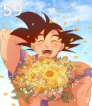  1boy ^_^ arm_up black_hair bouquet closed_eyes clouds cloudy_sky commentary_request day dougi dragon_ball dragonball_z flower flower_request happy image_sample kuuta_(extra414) leaf male_focus number open_mouth orange_flower outdoors petals pink_flower short_hair signature sky smile son_gokuu spiky_hair sunflower twitter_sample upper_body wristband yellow_flower 