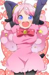  1girl :d ahoge animal_ears arms_up big_hair black_legwear blue_eyes blush breasts commentary_request dress hair_ornament highres horns large_breasts long_hair long_sleeves makuran moa_(show_by_rock!!) open_mouth pantyhose pink_dress pink_hair polka_dot sheep_ears sheep_girl sheep_horns sheep_tail short_over_long_sleeves short_sleeves show_by_rock!! smile solo star star_hair_ornament tail taut_clothes taut_dress upper_teeth 