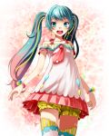  1girl absurdres bangs blue_hair bracelet collarbone cowboy_shot dress earrings floating_hair green_eyes hatsune_miku highres jewelry looking_at_viewer multicolored_hair necktie open_mouth project_diva_(series) red_neckwear short_dress short_shorts shorts solo standing thigh-highs tsukishiro_saika twintails vocaloid white_dress yellow_shorts 