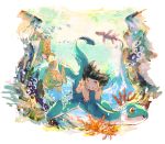  1boy :d black_eyes black_hair bubble coral day dragon_ball fish happy looking_down male_focus ocean open_mouth riding short_hair smile son_gokuu spiky_hair sunlight underwater water 