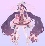  1girl :3 :d bell black_hair blue_bow blush bow brown_dress commentary_request double_bun dress frilled_dress frills full_body hair_bow hands_up head_tilt highres jingle_bell korean_commentary legs_apart long_hair looking_at_viewer lunch_(lunchicken) open_mouth original platform_footwear purple_background red_bow red_eyes smile solo standing thigh-highs twintails very_long_hair white_legwear wristband 