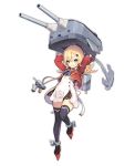  1girl abercrombie_(azur_lane) anchor ascot azur_lane bangs black_footwear black_legwear blonde_hair blue_eyes bridal_gauntlets carrying carrying_overhead chains collared_dress cropped_jacket dress eyebrows eyebrows_visible_through_hair full_body grin hair_between_eyes hair_ornament jacket leg_up long_hair long_sleeves looking_at_viewer mary_janes official_art open_clothes open_jacket purple_neckwear red_jacket shoes short_dress simple_background smile smoke solo standing standing_on_one_leg straight_hair tachi-e thigh-highs thigh_gap transparent_background tsliuyixin turret white_dress zettai_ryouiki 