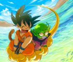 2boys :d ^_^ antennae black_hair closed_eyes clouds cloudy_sky commentary_request day dougi dragon_ball eyebrows_visible_through_hair fish flying flying_nimbus green_skin gyuunyuu_daisuki happy long_sleeves looking_away male_focus mountain multiple_boys nyoibo ocean open_mouth outdoors piccolo pointy_ears red_eyes sharp_teeth short_hair sitting sky smile son_gokuu spiky_hair tail teeth water wristband 