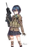 1girl ammunition_pouch aqua_eyes arm_at_side assault_rifle bangs black_legwear blue_hair borrowed_character bullpup commentary feet_out_of_frame fn_f2000 gloves green_neckwear gun hair_between_eyes headset highres holding holding_gun holding_weapon jacket knee_pads kneehighs kws long_sleeves looking_at_viewer military necktie original pleated_skirt pouch rifle short_hair signature simple_background skirt smile solo standing thigh_pouch trigger_discipline weapon white_background wing_collar 