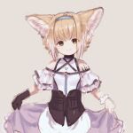  1girl animal_ear_fluff animal_ears apron arknights bare_shoulders black_gloves blonde_hair blue_hairband braid closed_mouth commentary_request covered_collarbone fox_ears gloves grey_background hair_rings hairband highres looking_at_viewer multicolored_hair niwatori_(akira_207) purple_skirt shirt sidelocks simple_background single_glove skirt skirt_hold smile solo suzuran_(arknights) twin_braids two-tone_hair waist_apron white_apron white_hair white_shirt 