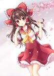  1girl :d adapted_costume bangs blunt_bangs blush bow brown_hair collarbone eyebrows_visible_through_hair floating_hair frilled_bow frilled_skirt frills hair_between_eyes hair_bow hair_tubes hakurei_reimu highres long_hair looking_at_viewer mayo_(miyusa) open_mouth red_bow red_eyes red_skirt school_uniform shirt short_sleeves skirt smile solo standing touhou uniform white_neckwear white_shirt 