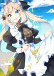  1girl :d ameshizuku_natsuki apron apron_basket bangs black_bow black_dress blonde_hair blue_eyes blue_sky bow breasts clouds commentary_request day dress eyebrows_visible_through_hair fate/grand_order fate_(series) fingernails flower frilled_apron frills hair_bow juliet_sleeves long_hair long_sleeves looking_at_viewer marie_antoinette_(fate/grand_order) open_mouth outdoors petals puffy_sleeves sidelocks sky small_breasts smile solo twintails very_long_hair white_apron yellow_flower 