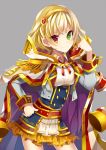  &gt;:) 1girl blonde_hair cape copyright_request epaulettes green_eyes hairband heterochromia long_sleeves looking_at_viewer red_eyes rento_(rukeai) short_hair skirt smile solo yellow_hairband 