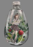  1girl arm_at_side bangs bottle brown_eyes brown_hair commentary_request english eyebrows_visible_through_hair flower full_body glass_bottle grey_background highres in_bottle in_container looking_at_viewer medium_hair minigirl naruse_chisato neck_ribbon original pleated_skirt ribbon school_uniform serafuku shirt short_sleeves simple_background skirt solo yellow_neckwear 