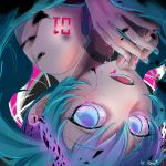  1girl aqua_eyes aqua_hair cracked_skin ears eyebrows_visible_through_hair ghost_rule_(vocaloid) hair_between_eyes hatsune_miku highres kimbulsae looking_at_viewer necktie open_mouth solo upside-down vocaloid 