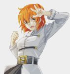  1girl :d ahoge belt black_skirt clenched_hand commentary_request fate/grand_order fate_(series) fujimaru_ritsuka_(female) grey_background grey_jacket hand_up jacket long_sleeves looking_at_viewer mi_(pic52pic) one_side_up open_mouth orange_hair short_hair simple_background skirt smile solo standing upper_body w wing_collar yellow_eyes 