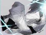  1boy blue_eyes boots dougi dragon_ball dragonball_z full_body glowing glowing_eyes grey_background greyscale image_sample light_rays looking_at_viewer male_focus monochrome serious short_hair simple_background son_gokuu spiky_hair twitter_sample twitter_username 